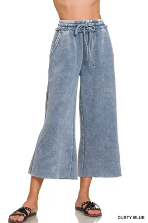 Dusty Blue Acid Wash Fleece Palazzo Sweatpants