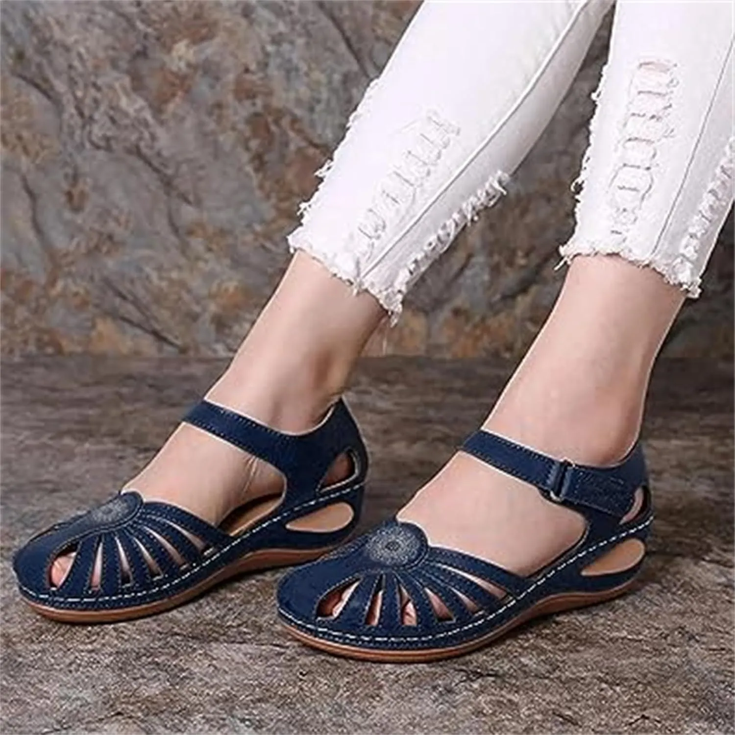 FFMA Closed Toe Sandals Hollow Out Wedge Sandals Women Dressy Summer Orthopedic Sandals Ankle Snap Buckle Platform Sandals Beach Outdoor Walking Shoes