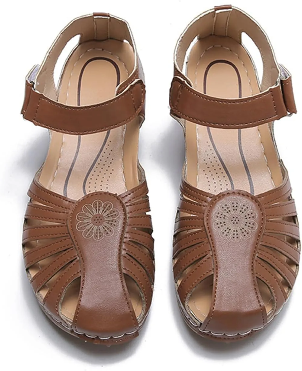 FFMA Closed Toe Sandals Hollow Out Wedge Sandals Women Dressy Summer Orthopedic Sandals Ankle Snap Buckle Platform Sandals Beach Outdoor Walking Shoes