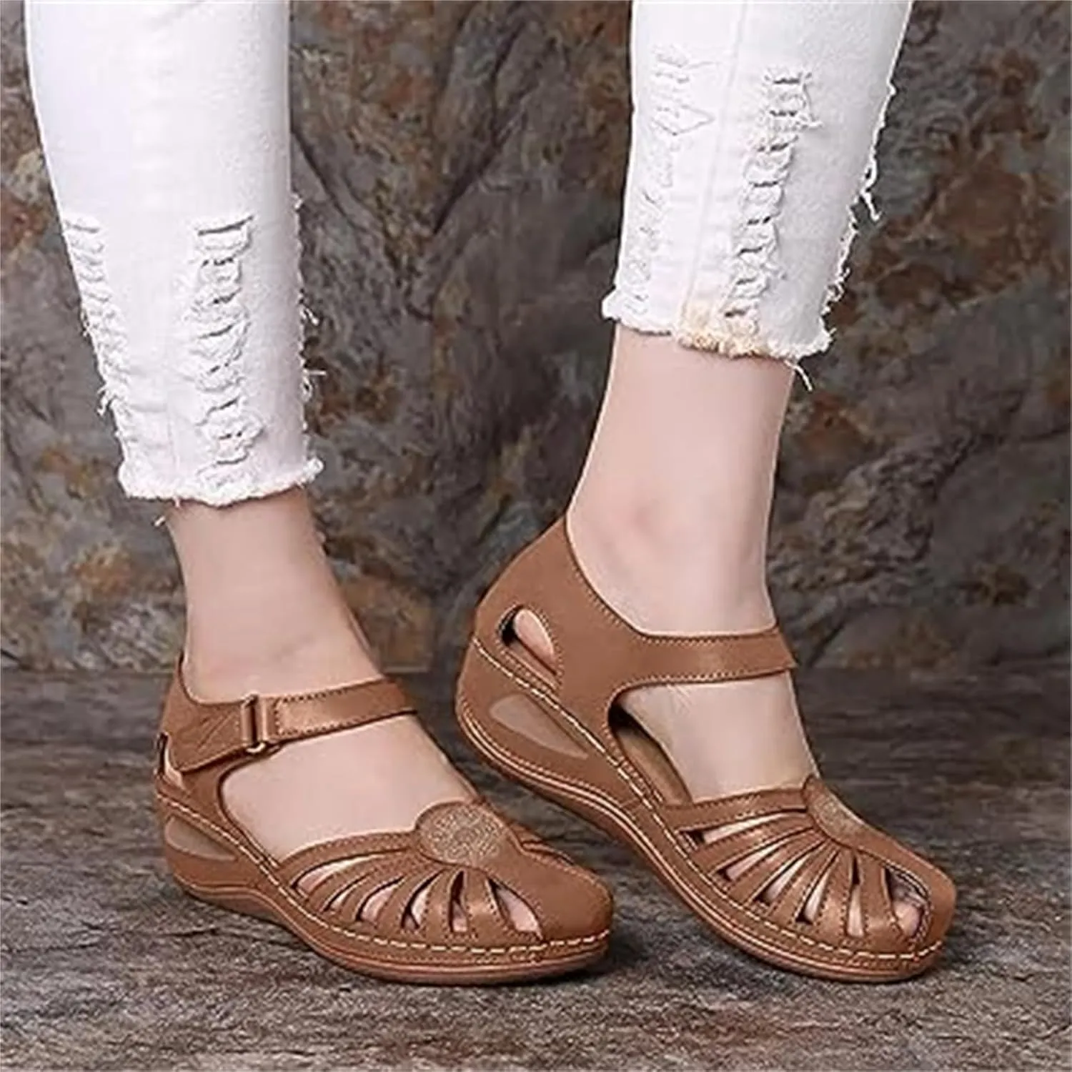 FFMA Closed Toe Sandals Hollow Out Wedge Sandals Women Dressy Summer Orthopedic Sandals Ankle Snap Buckle Platform Sandals Beach Outdoor Walking Shoes