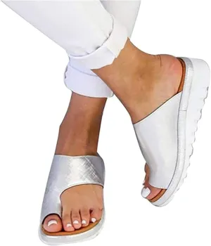 FFMA Sandals for Women Casual Summer Orthopedic Ladies Retro Thong Sandals Roman Beach Shoes Open Toe Shoes Home Outdoor Flat Shoes Flat Slipper,Silver,EU39/US7.5