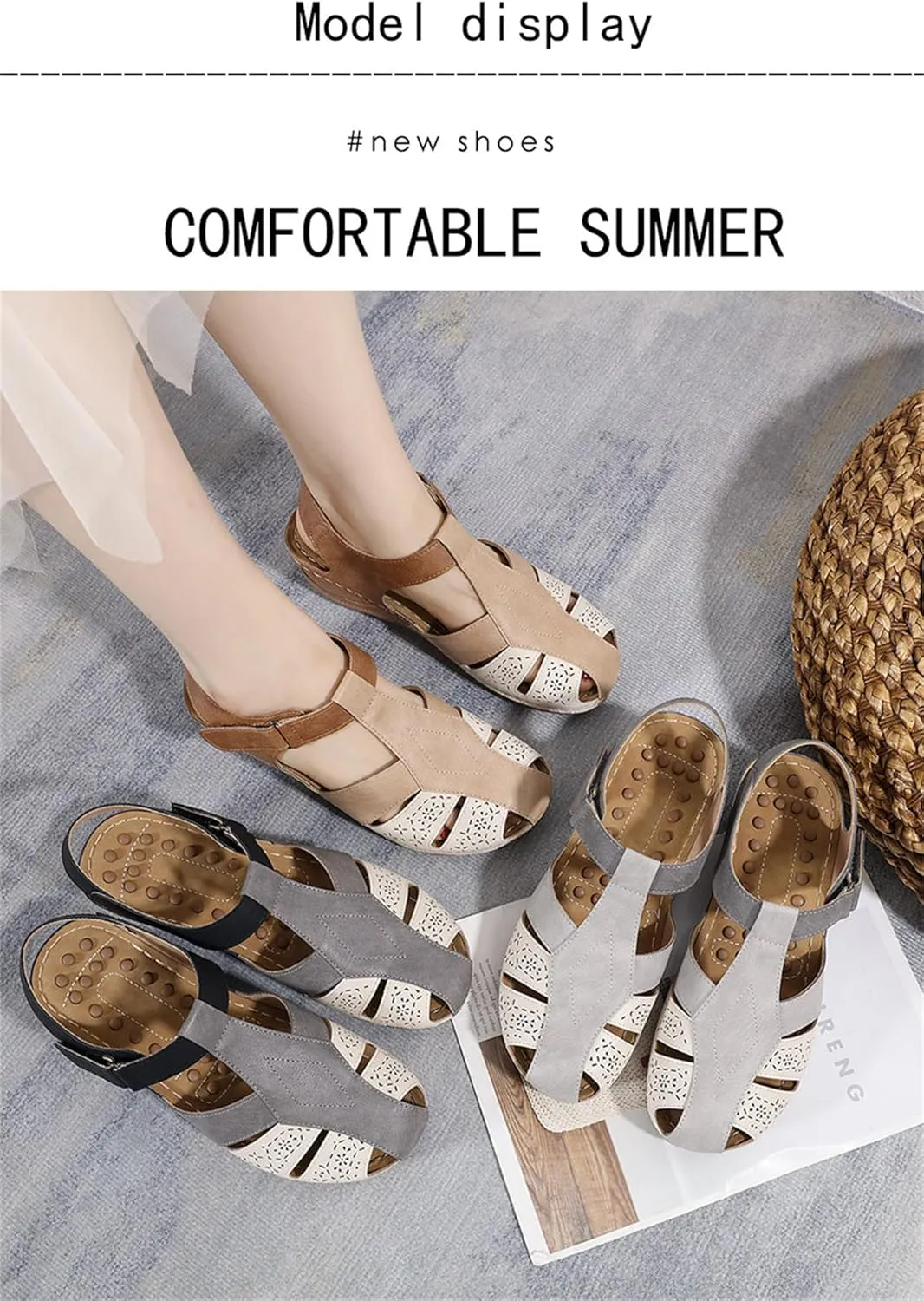 FFMA Women's Round Toe Ballet Flats Women's Closed Toe Sandals Summer Casual Hollow Orthopedic Slope Heel Shoes Arch Support Flat Sandals,White,EU41/US9