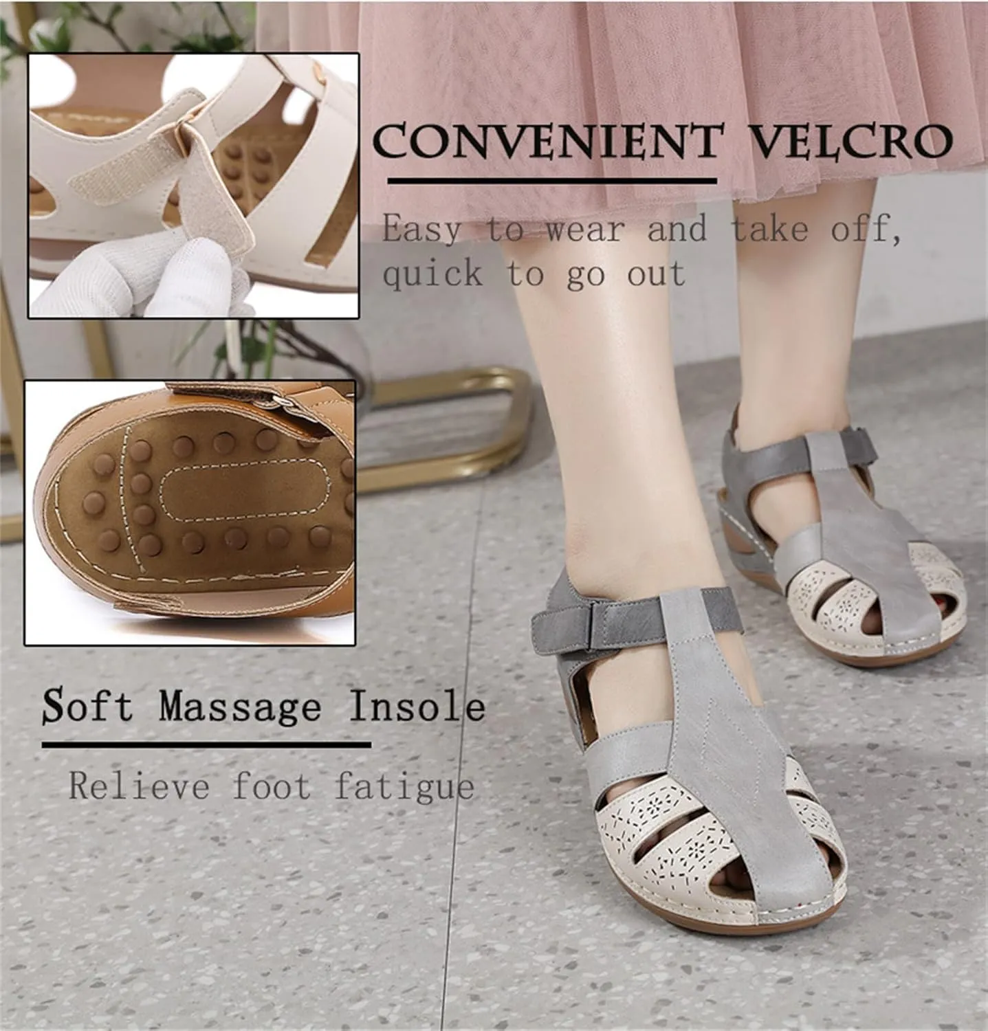 FFMA Women's Round Toe Ballet Flats Women's Closed Toe Sandals Summer Casual Hollow Orthopedic Slope Heel Shoes Arch Support Flat Sandals,White,EU41/US9