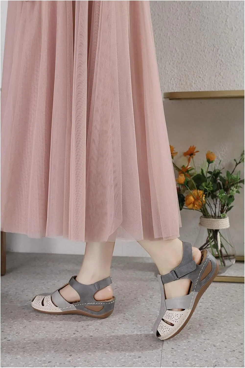 FFMA Women's Round Toe Ballet Flats Women's Closed Toe Sandals Summer Casual Hollow Orthopedic Slope Heel Shoes Arch Support Flat Sandals,White,EU41/US9