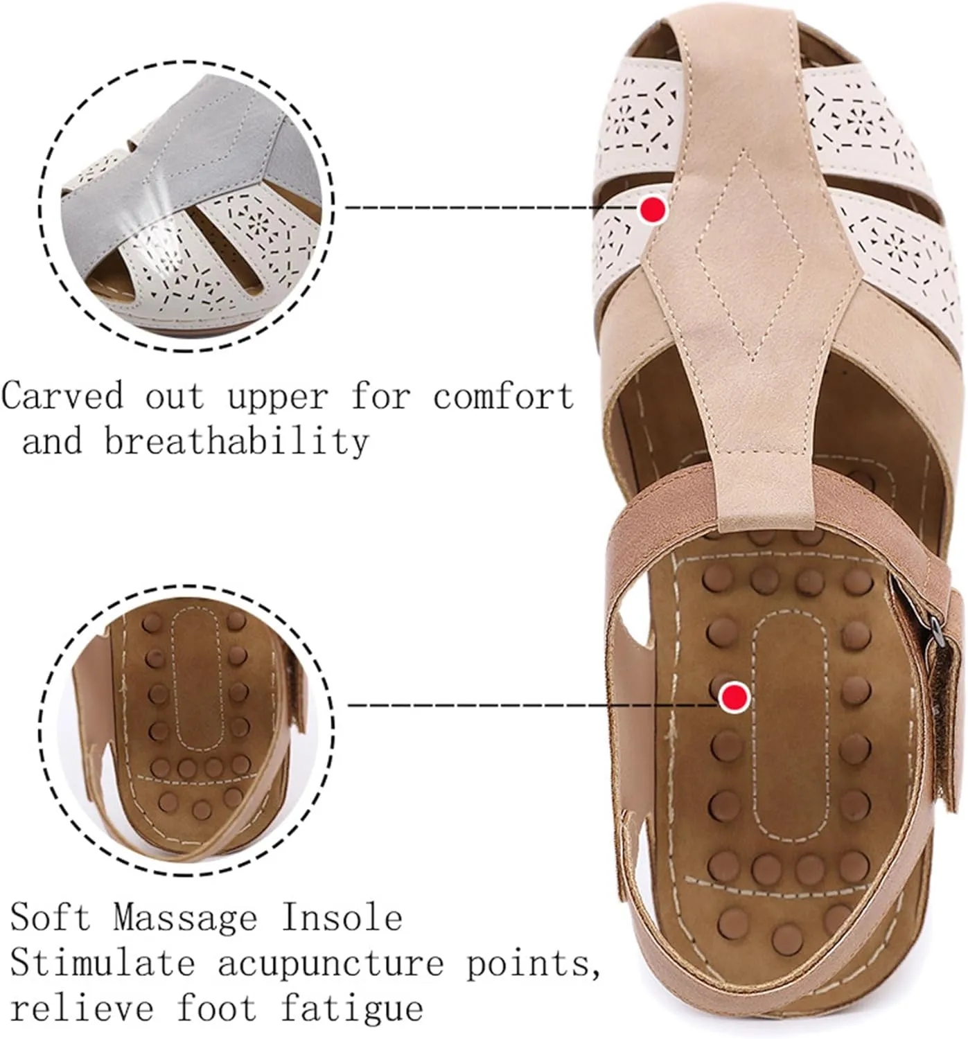 FFMA Women's Round Toe Ballet Flats Women's Closed Toe Sandals Summer Casual Hollow Orthopedic Slope Heel Shoes Arch Support Flat Sandals,White,EU41/US9