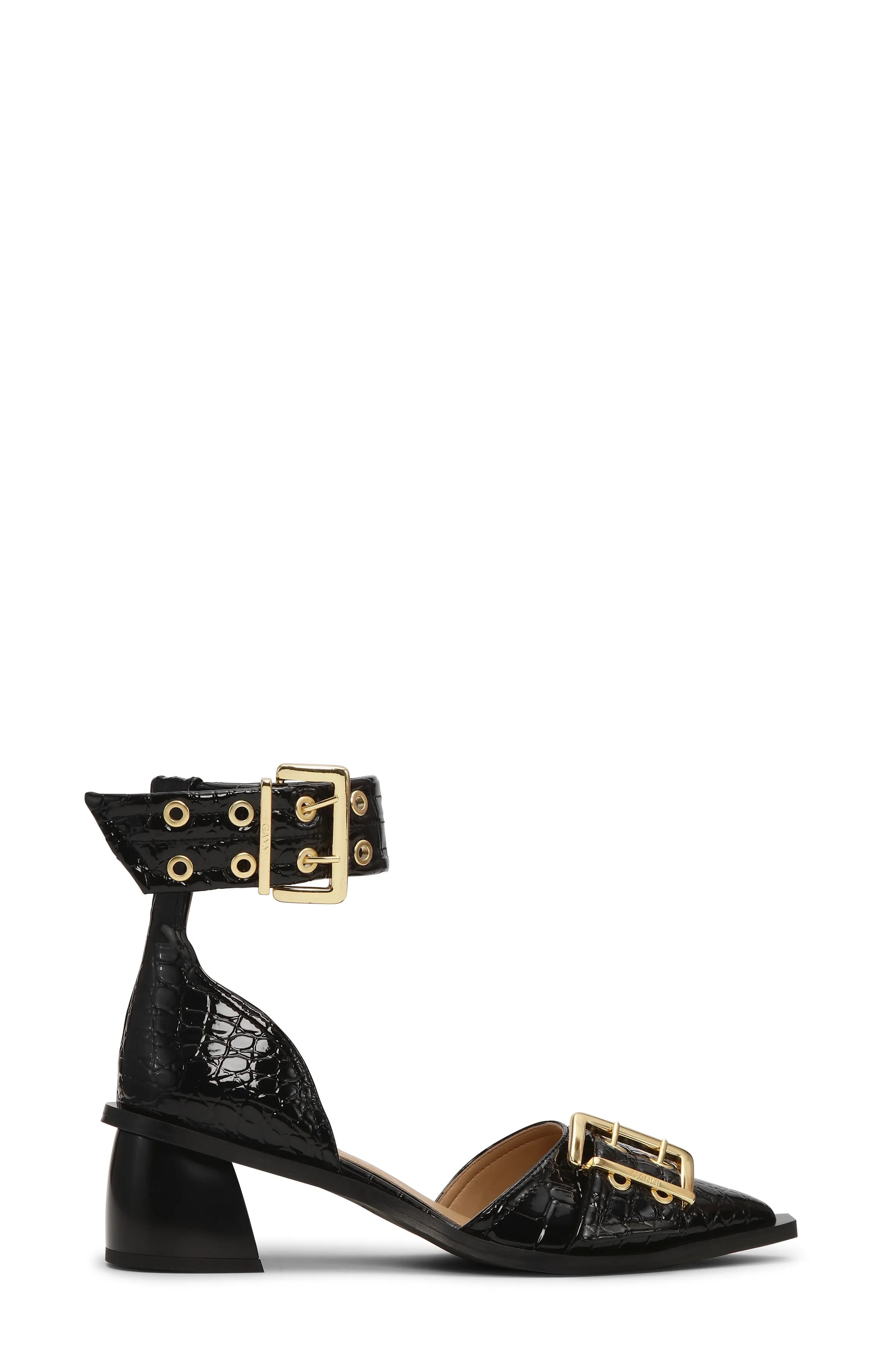Ganni Feminine Buckle Open Cut Pump Patent Croco - Black
