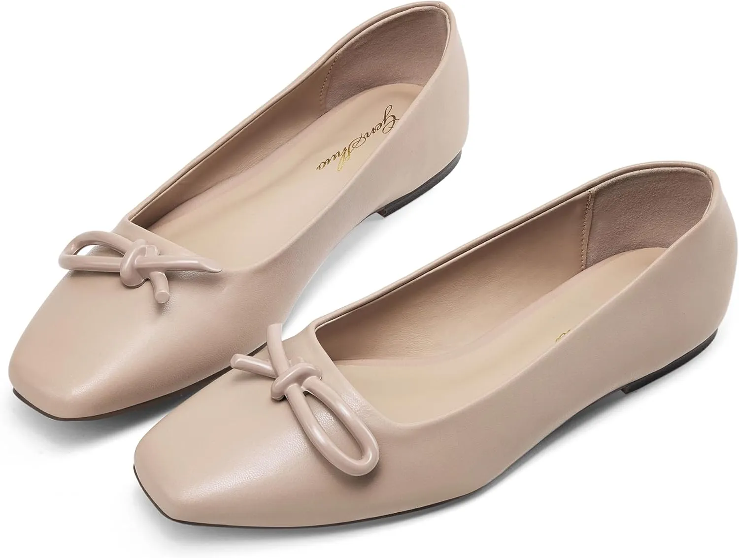 GENSHUO Women??s Square Toe Flats Metal Bow Slip On Ballet Flats Comfort Low Heel Shoes Classic and Chic
