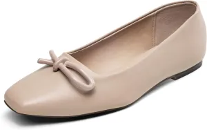 GENSHUO Women??s Square Toe Flats Metal Bow Slip On Ballet Flats Comfort Low Heel Shoes Classic and Chic