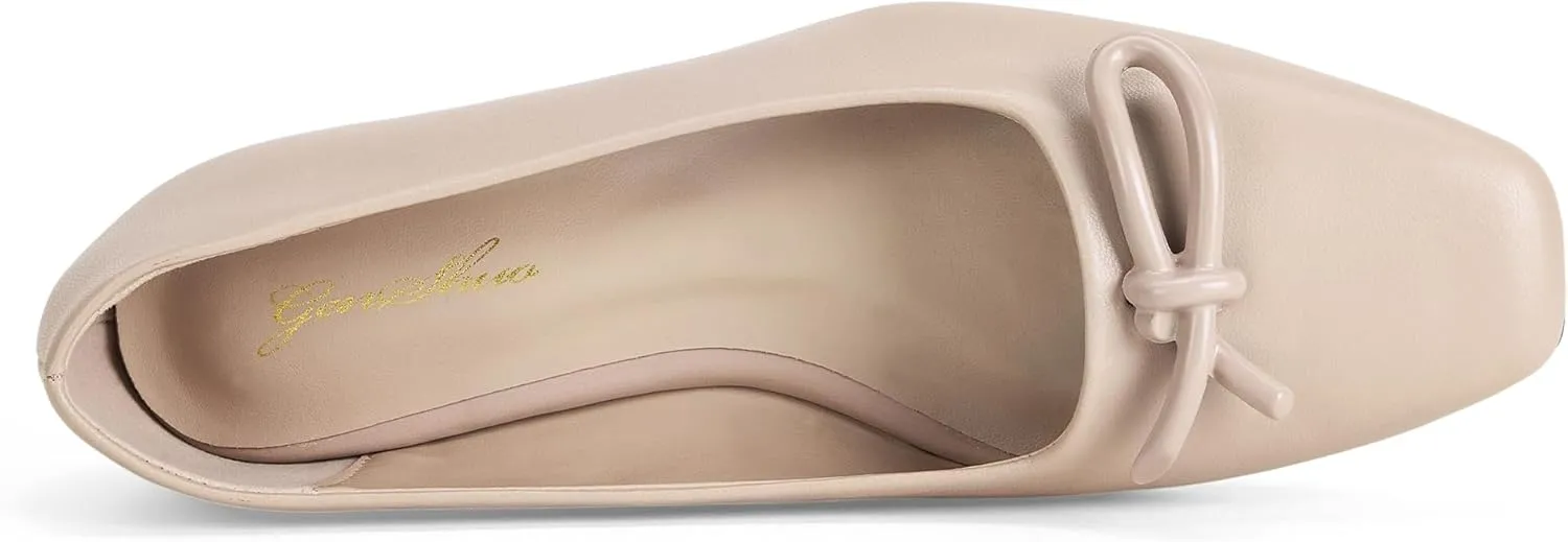 GENSHUO Women??s Square Toe Flats Metal Bow Slip On Ballet Flats Comfort Low Heel Shoes Classic and Chic