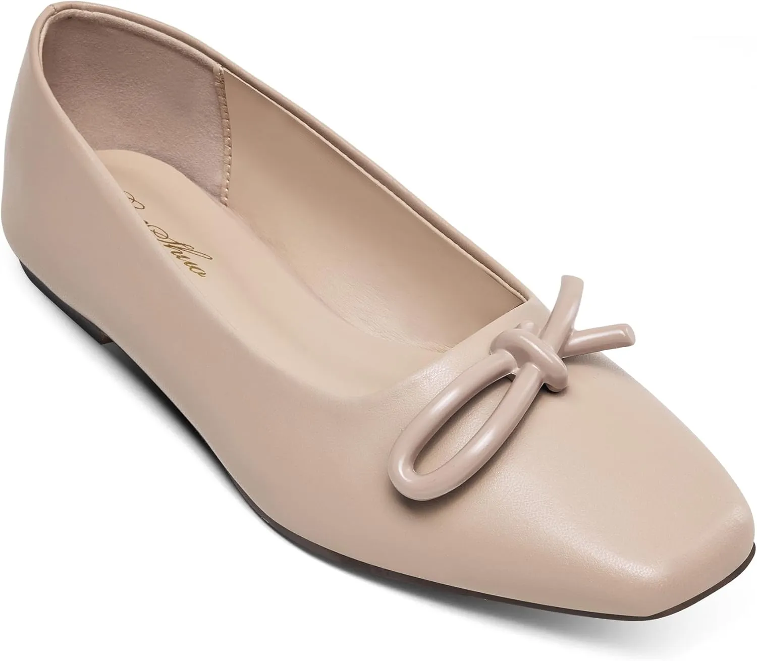 GENSHUO Women??s Square Toe Flats Metal Bow Slip On Ballet Flats Comfort Low Heel Shoes Classic and Chic