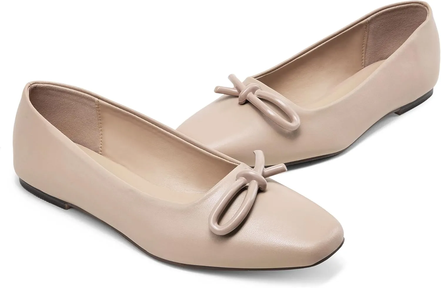 GENSHUO Women??s Square Toe Flats Metal Bow Slip On Ballet Flats Comfort Low Heel Shoes Classic and Chic
