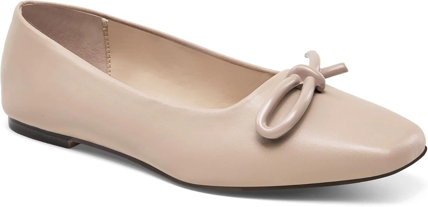 GENSHUO Women??s Square Toe Flats Metal Bow Slip On Ballet Flats Comfort Low Heel Shoes Classic and Chic