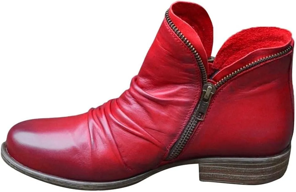 Gibobby Ankle Boots for Women Low Heel Boots Pointed Toe Stacked Mid Heel Ankle Boots V Cut Back Zipper Booties