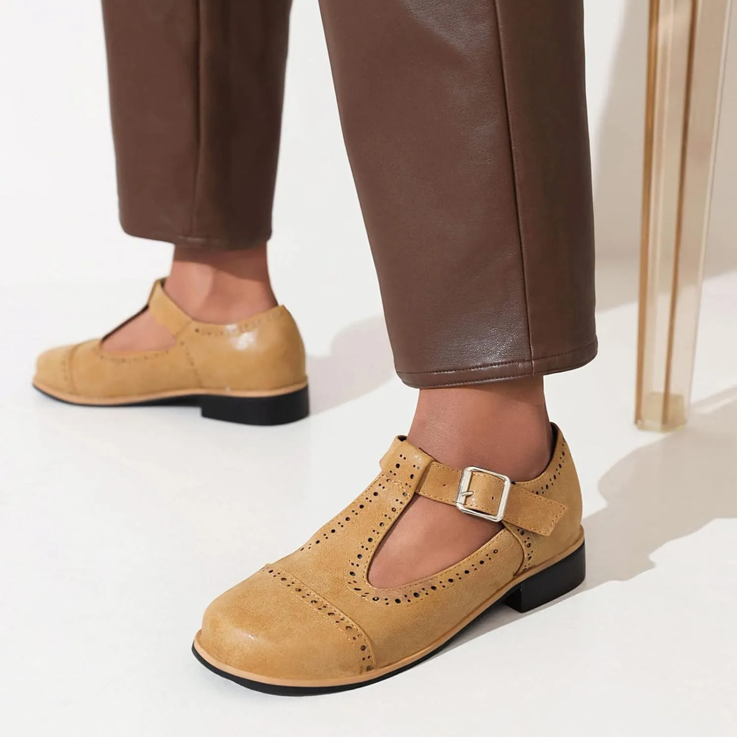 Gicoiz Round Toe Mary Jane Brogue Womens Block Low Heel Pumps