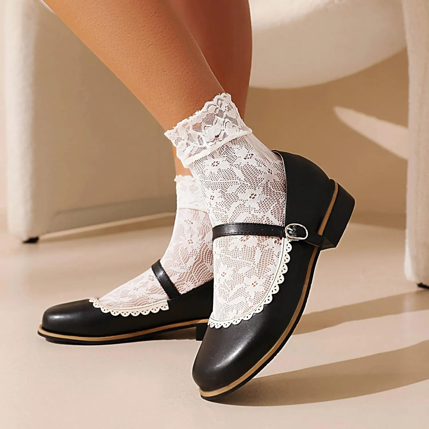 Gicoiz Round Toe Mary Jane Brogue Womens Block Low Heel Pumps