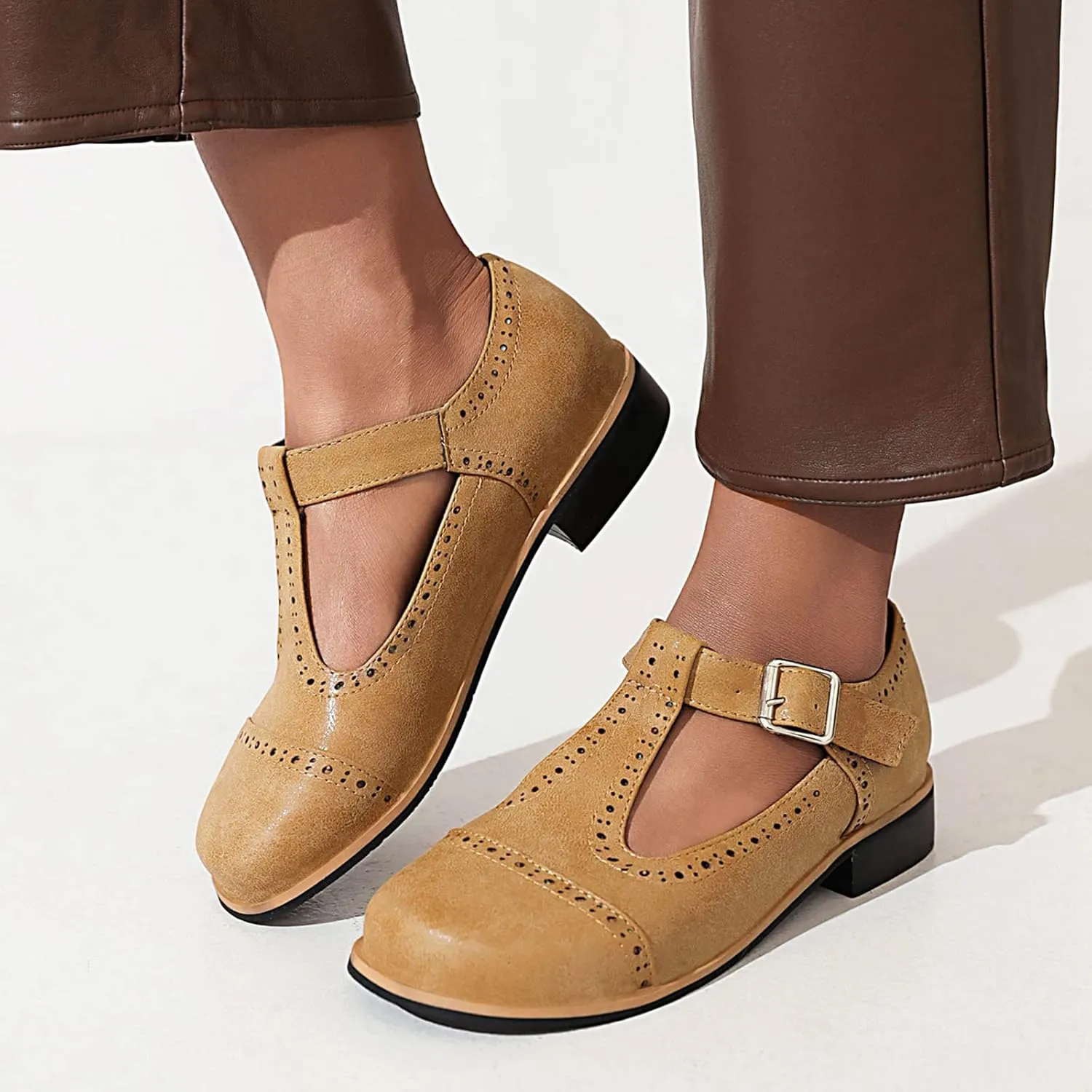 Gicoiz Round Toe Mary Jane Brogue Womens Block Low Heel Pumps