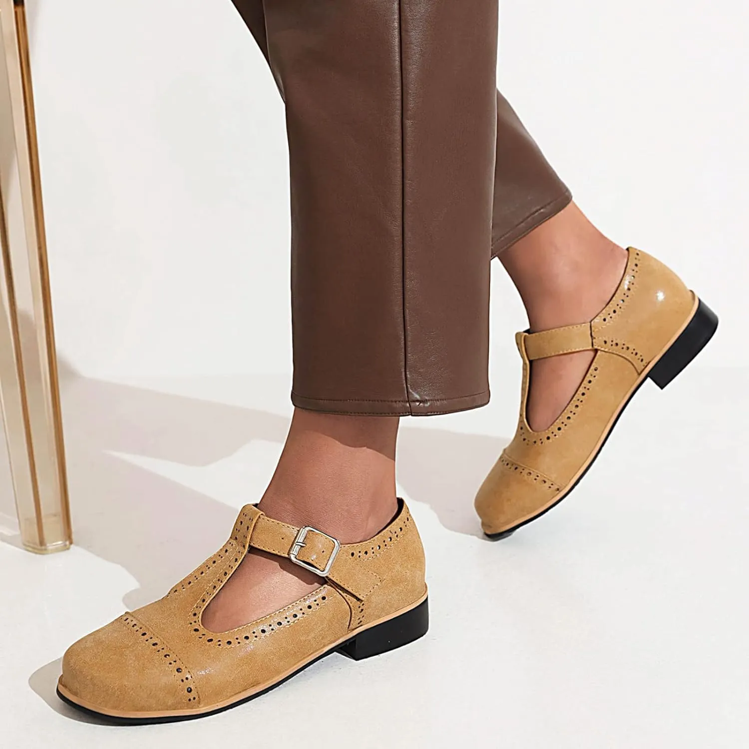 Gicoiz Round Toe Mary Jane Brogue Womens Block Low Heel Pumps