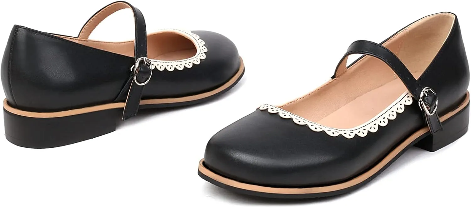 Gicoiz Round Toe Mary Jane Brogue Womens Block Low Heel Pumps