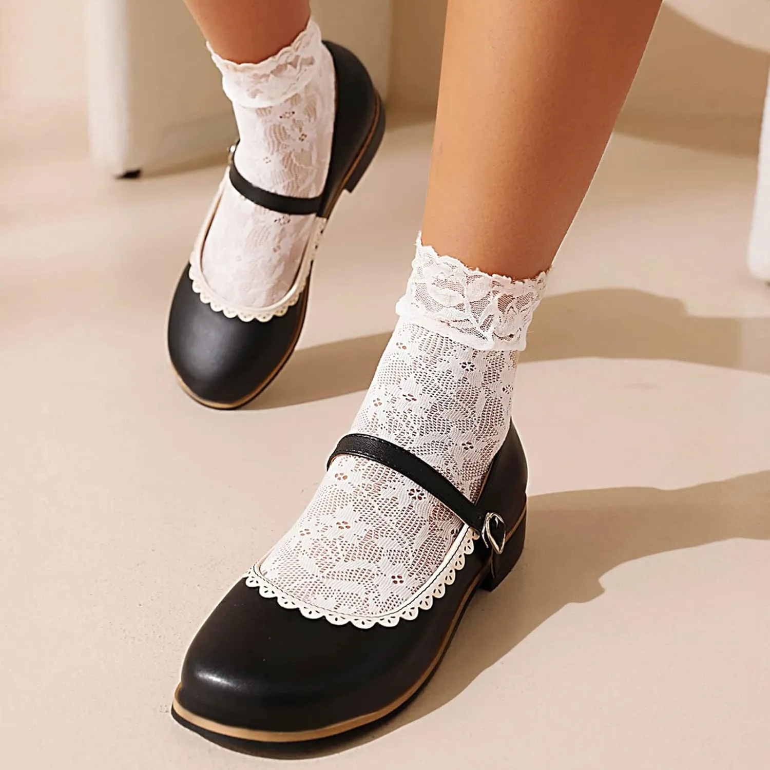 Gicoiz Round Toe Mary Jane Brogue Womens Block Low Heel Pumps