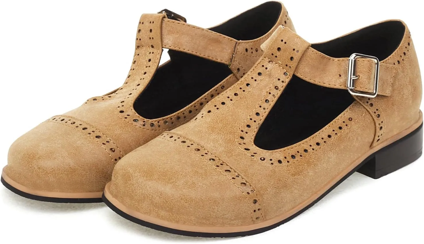 Gicoiz Round Toe Mary Jane Brogue Womens Block Low Heel Pumps