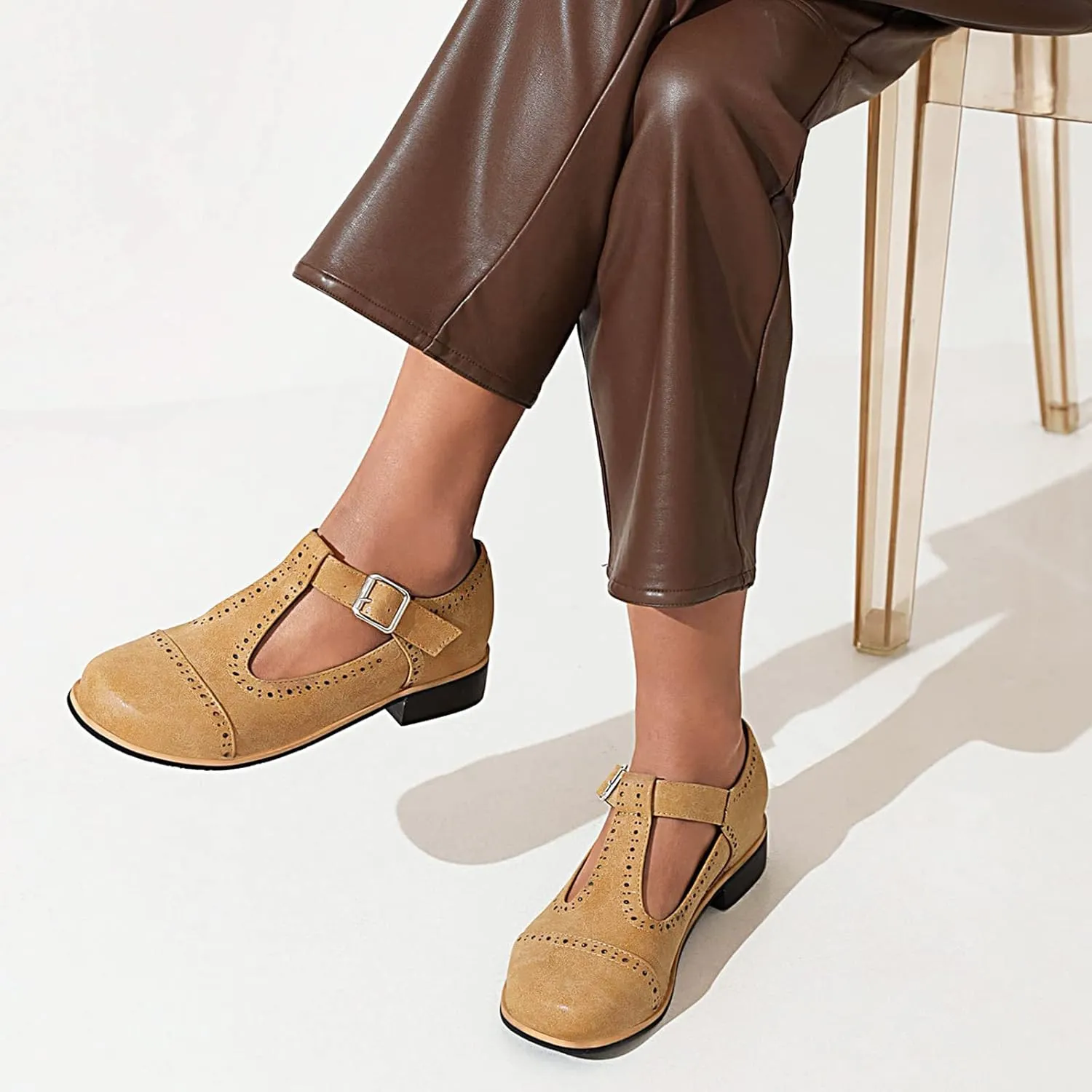 Gicoiz Round Toe Mary Jane Brogue Womens Block Low Heel Pumps