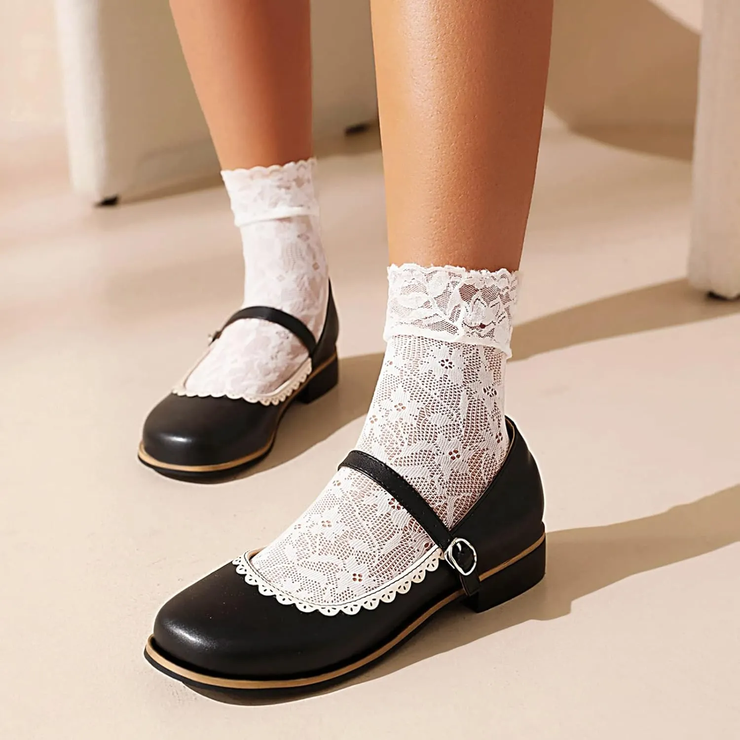 Gicoiz Round Toe Mary Jane Brogue Womens Block Low Heel Pumps