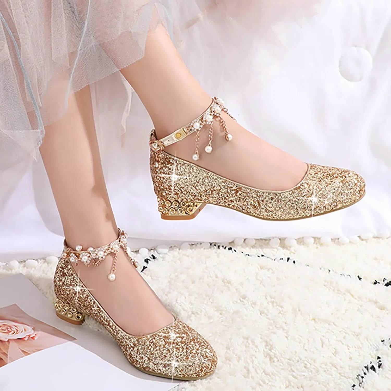 Girls Ankle Strap High Heels Big Kids Adorable parkle Mary Jane Dress Shoes Performance Wedding Pump Sandals