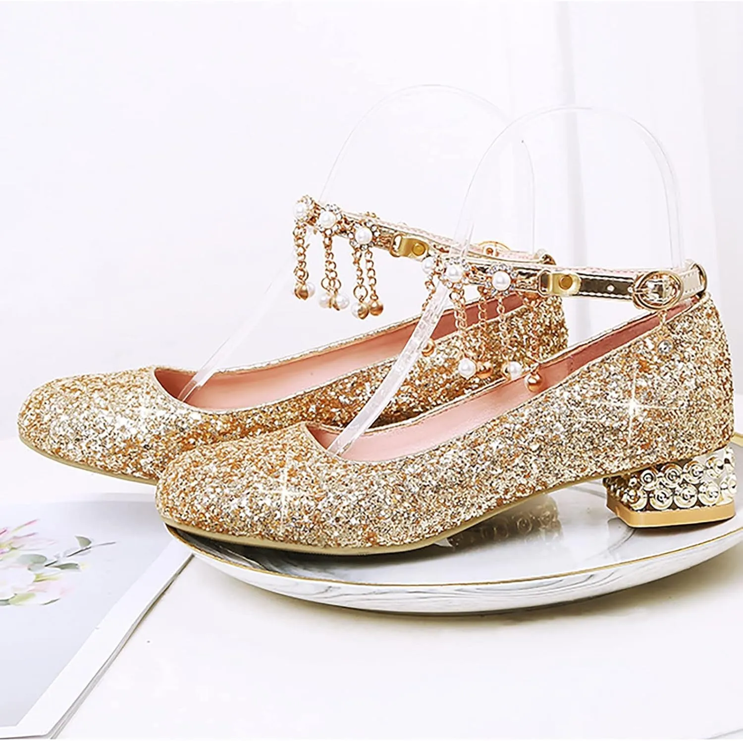 Girls Ankle Strap High Heels Big Kids Adorable parkle Mary Jane Dress Shoes Performance Wedding Pump Sandals