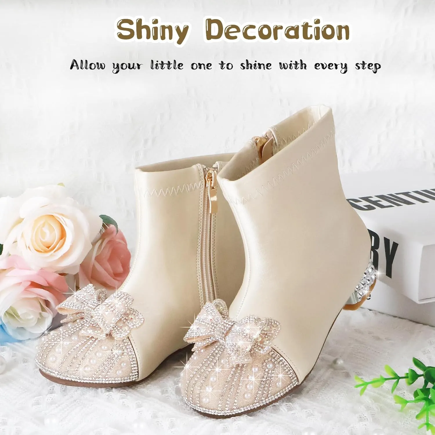 Girls Cowgirl Boots with the Pearls and Sparkle Rhinestone,Mid Calf Western Riding Cowboy Boots,Toddler Little Big Kid Sparkly Dress Up Shoes