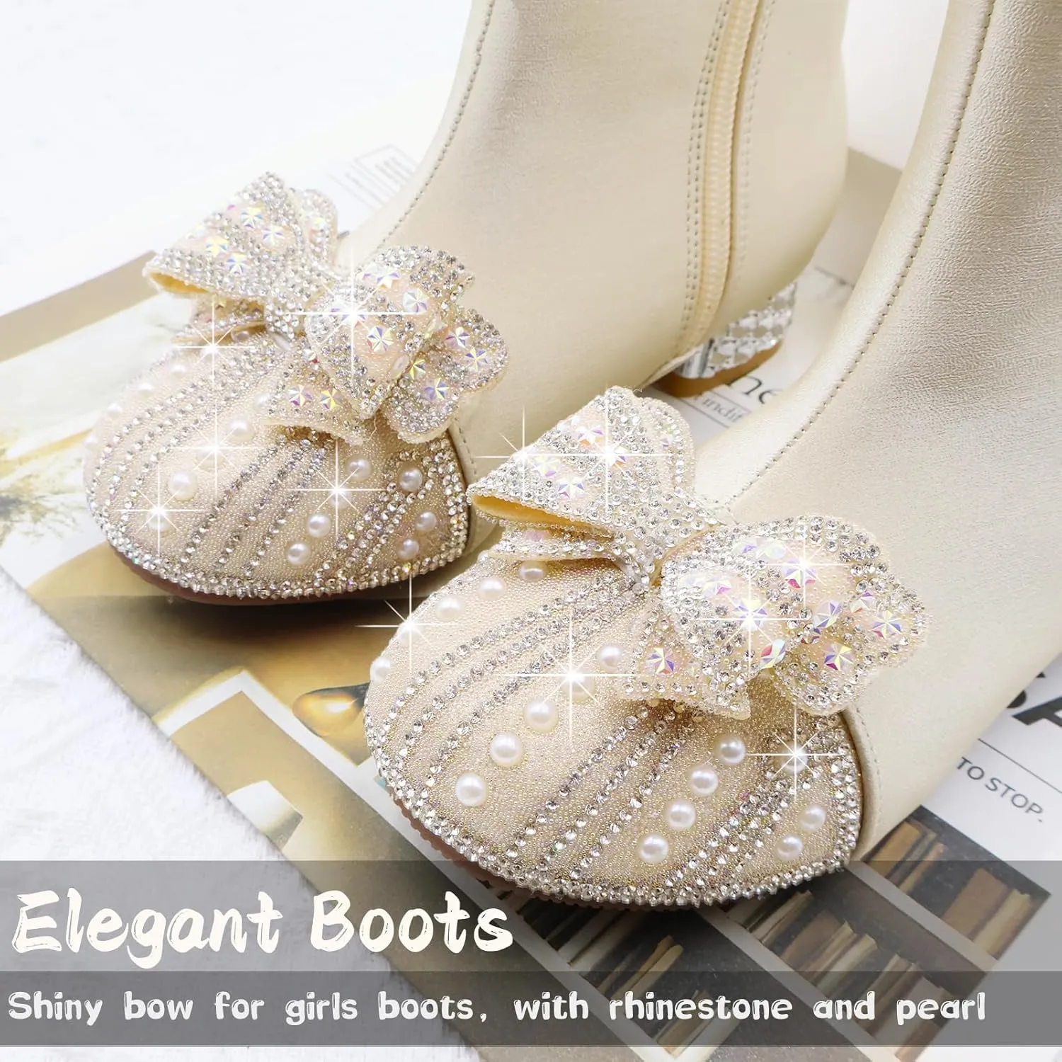 Girls Cowgirl Boots with the Pearls and Sparkle Rhinestone,Mid Calf Western Riding Cowboy Boots,Toddler Little Big Kid Sparkly Dress Up Shoes