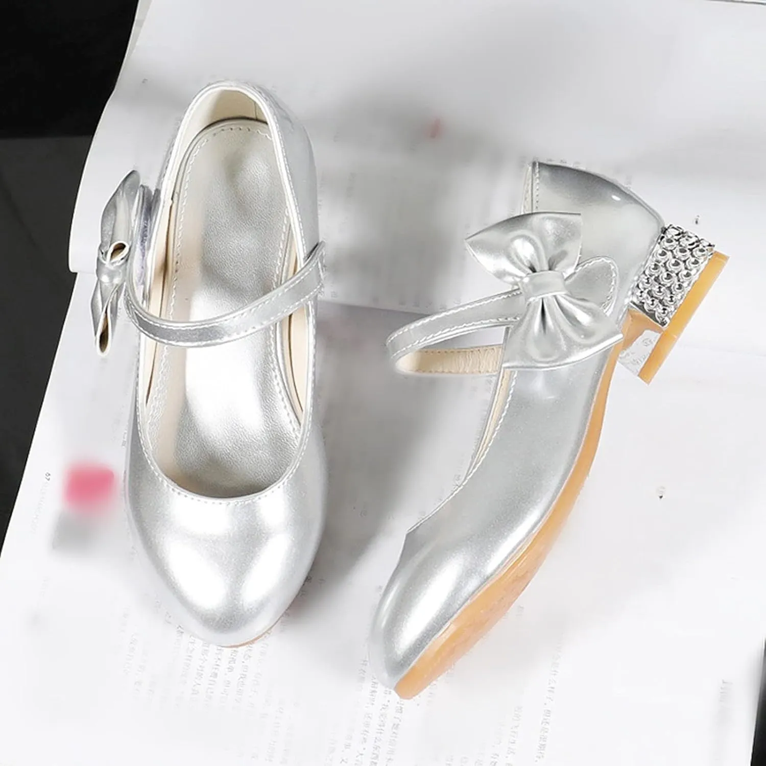 Girls Dress Mary Jane Flat Princess Wedding Party Bowknot Child Little/Big Kids School Low Heel Rhinestone Shoes