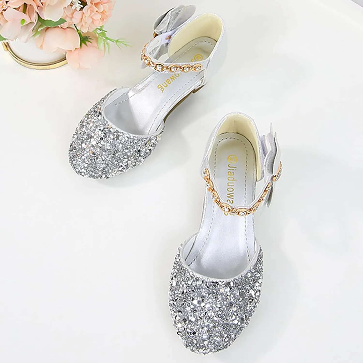 Girls Low Heel Sparkly Dress Shoes Mary Jane Flower Girls Wedding Birthday Pary Dress Shoes for Little/Big Kids