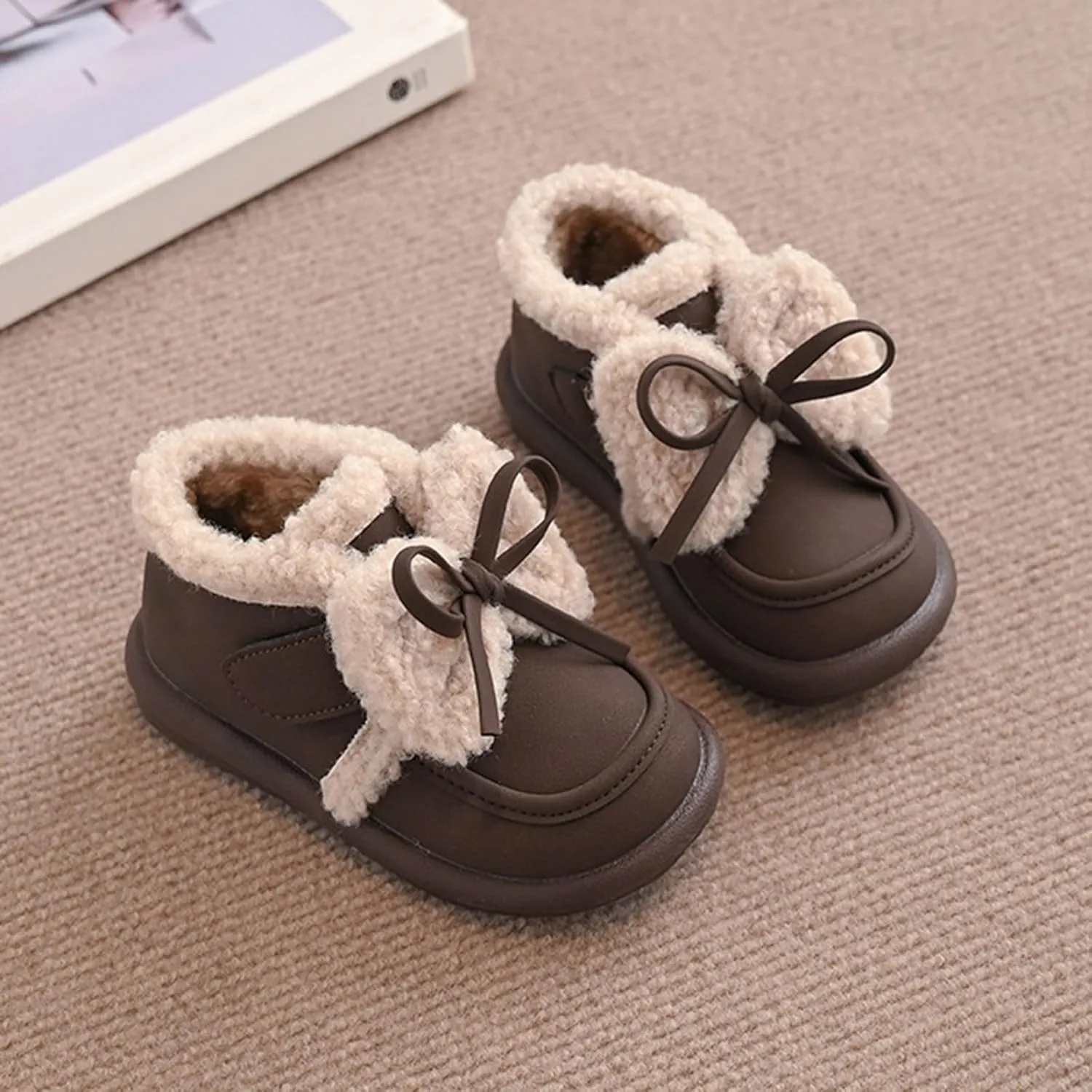 Girls Plush Lined Ankle Boots Slip On Low Calf Boots Non Slip Short Boots Winter Soft Sole Flat Boots For Toddler