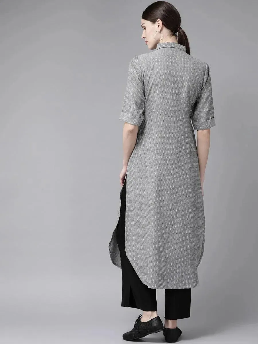 Grey Self Design Cotton Kurta