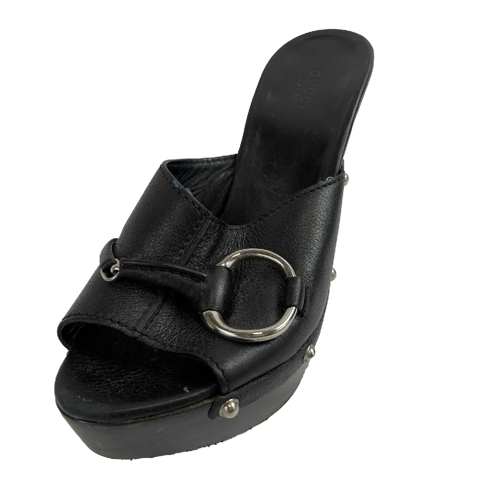 GUCCI - Hasler Horsebit Accent Leather Wood Heel Sandals - Black/Silver - 38