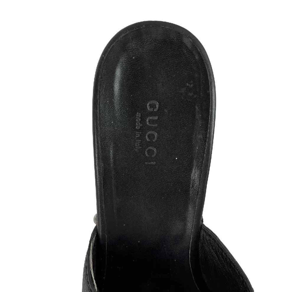 GUCCI - Hasler Horsebit Accent Leather Wood Heel Sandals - Black/Silver - 38