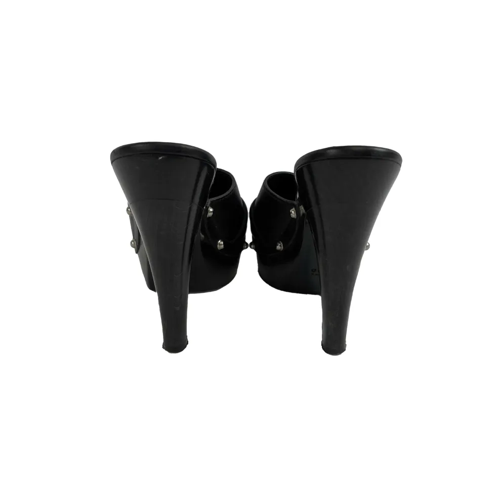 GUCCI - Hasler Horsebit Accent Leather Wood Heel Sandals - Black/Silver - 38