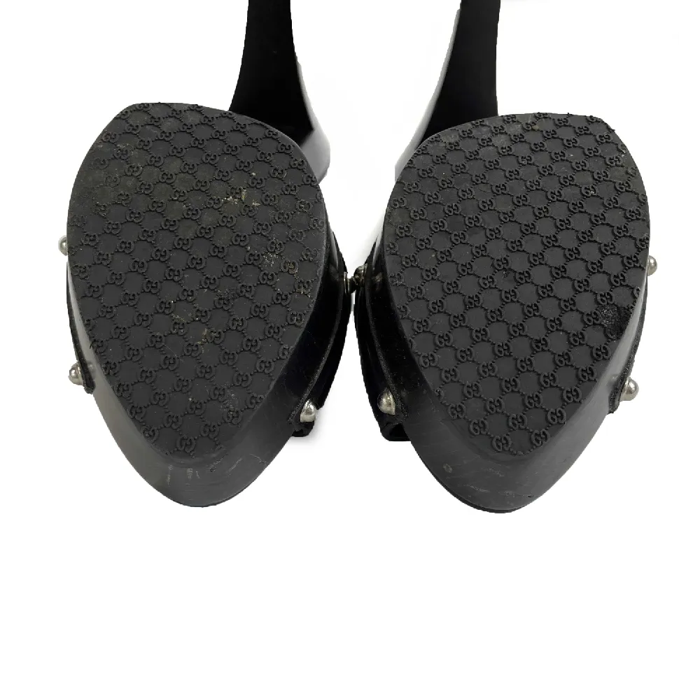 GUCCI - Hasler Horsebit Accent Leather Wood Heel Sandals - Black/Silver - 38