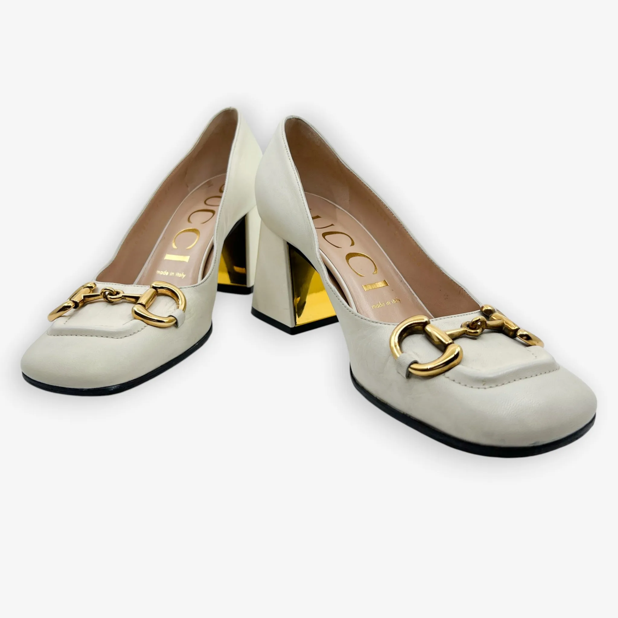 Gucci Off White Leather Horsebit Mid Heel Pumps Shoes EU37.5 ~ AU7