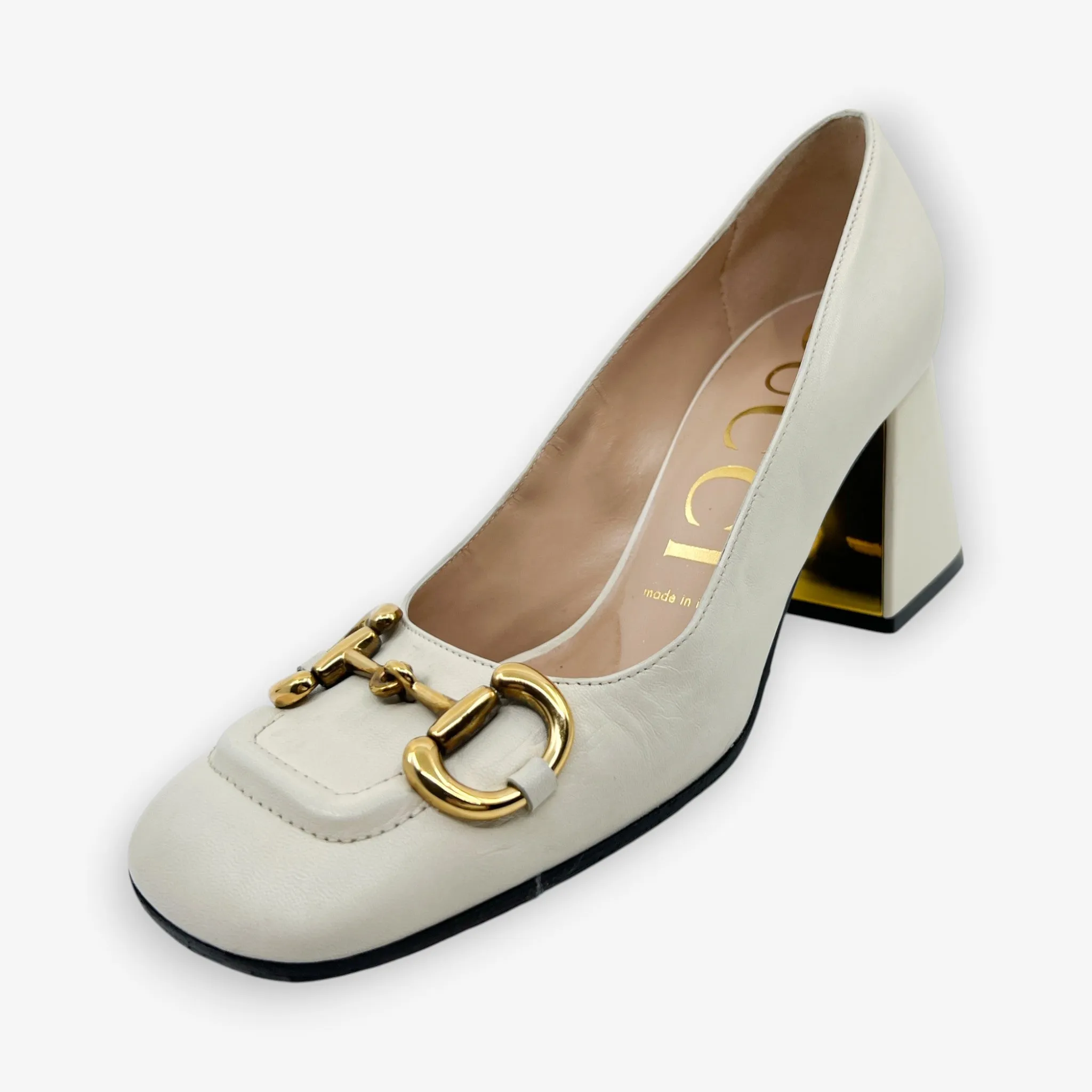 Gucci Off White Leather Horsebit Mid Heel Pumps Shoes EU37.5 ~ AU7