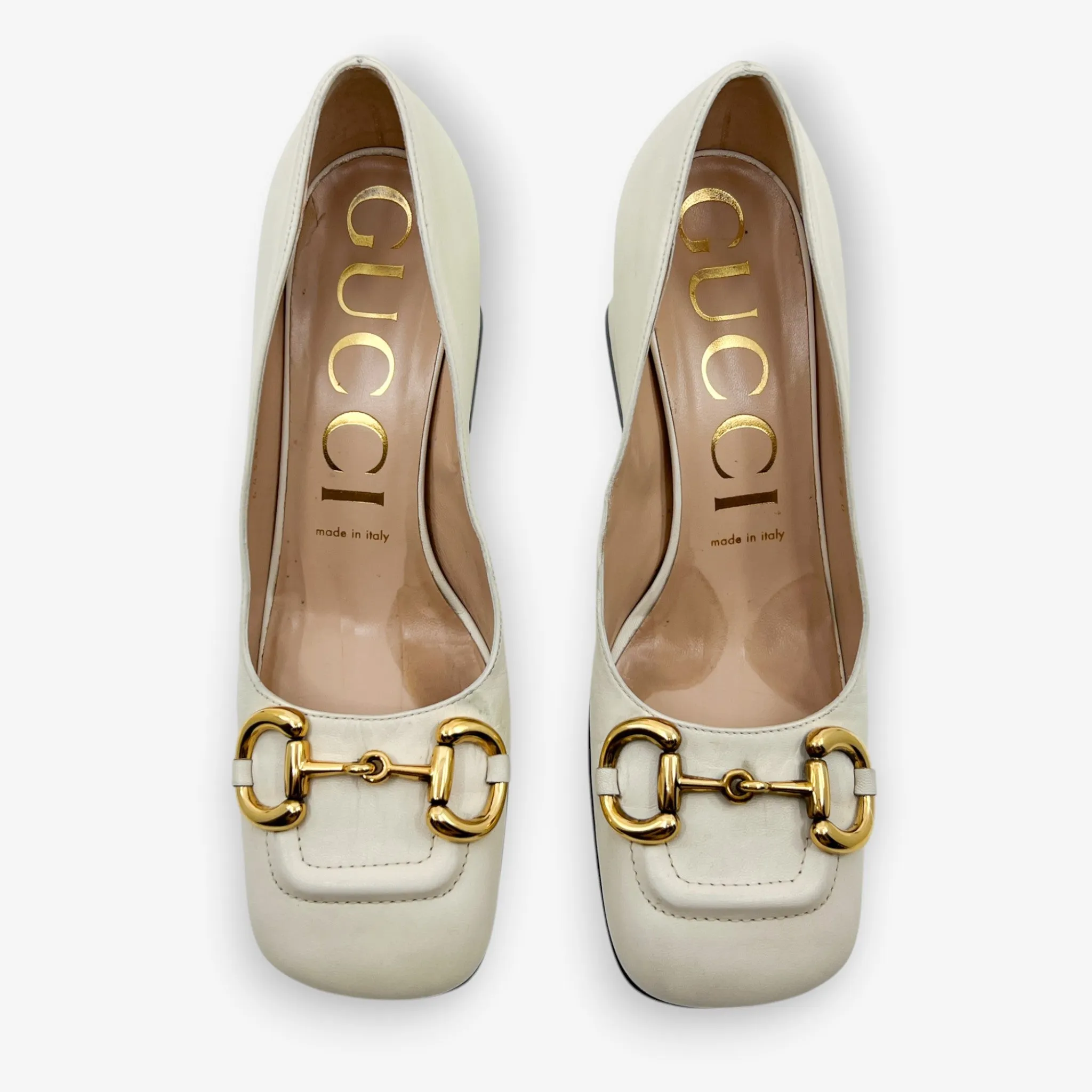 Gucci Off White Leather Horsebit Mid Heel Pumps Shoes EU37.5 ~ AU7