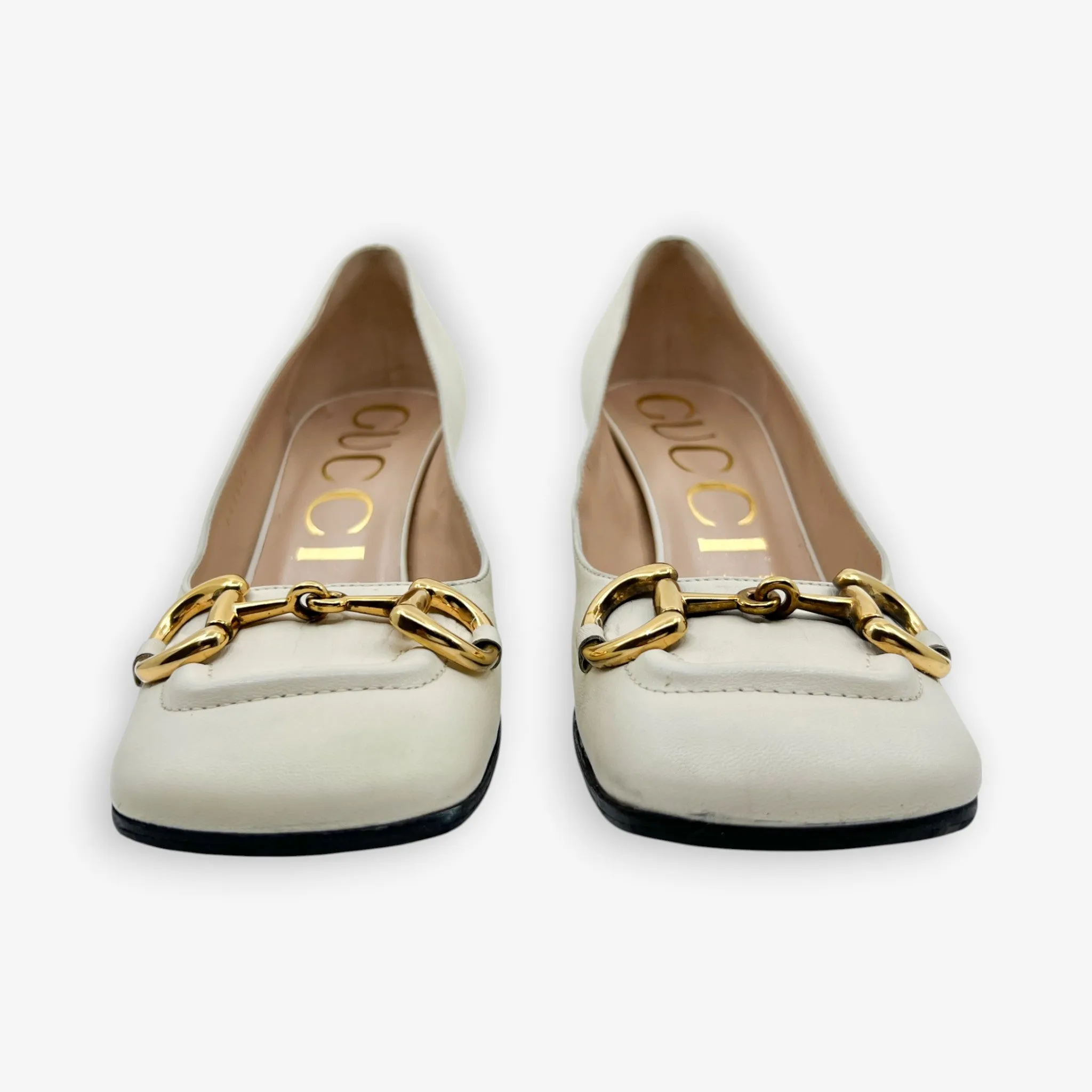 Gucci Off White Leather Horsebit Mid Heel Pumps Shoes EU37.5 ~ AU7