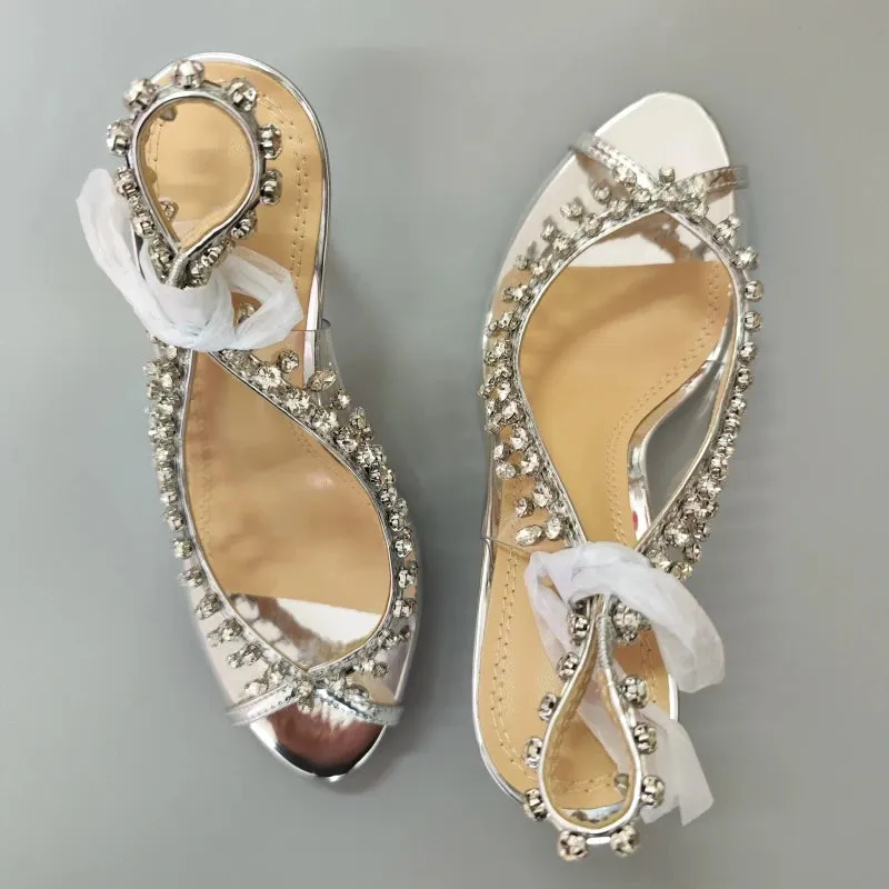 High-heeled Sandals Transparent Fish-mouth with Rhinestones