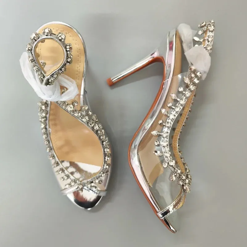 High-heeled Sandals Transparent Fish-mouth with Rhinestones