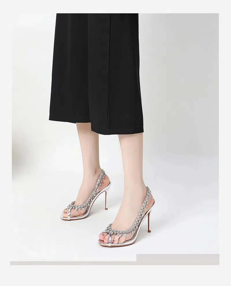 High-heeled Sandals Transparent Fish-mouth with Rhinestones