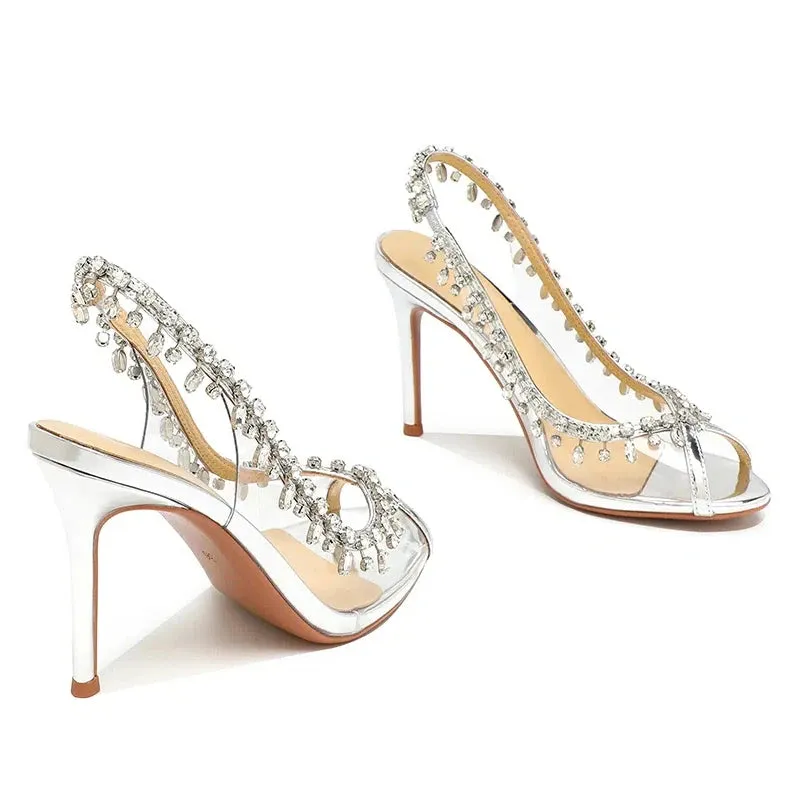 High-heeled Sandals Transparent Fish-mouth with Rhinestones
