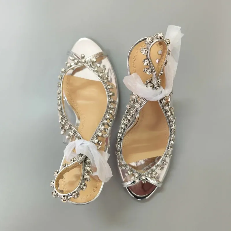 High-heeled Sandals Transparent Fish-mouth with Rhinestones
