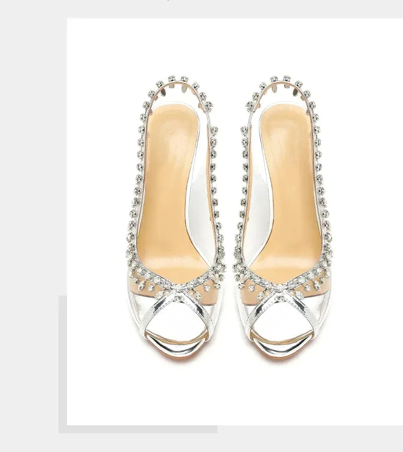 High-heeled Sandals Transparent Fish-mouth with Rhinestones
