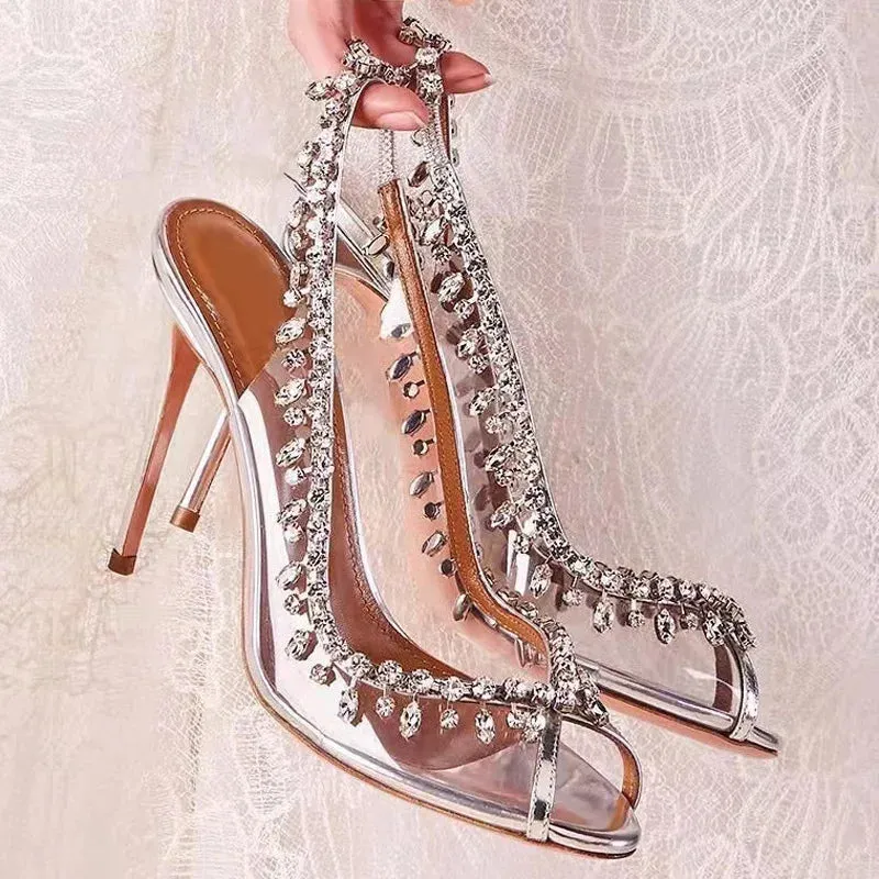 High-heeled Sandals Transparent Fish-mouth with Rhinestones