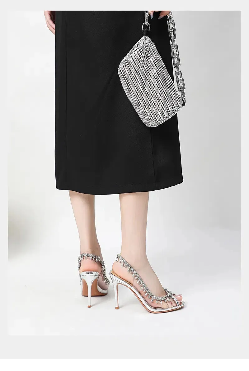 High-heeled Sandals Transparent Fish-mouth with Rhinestones